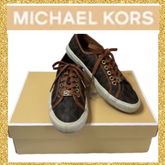 Michael Kors Monogram Boerum Sneakers Brown Gold Luxury Designer MK Logo Size 6M - Picture 16 of 16